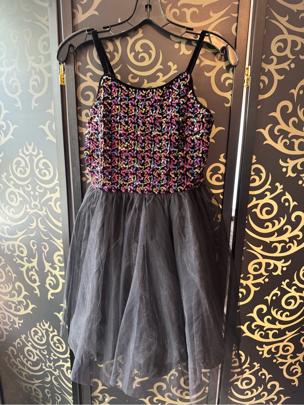 Black Tulle Party Dress with Multicolor Sequin Bodice for Girls